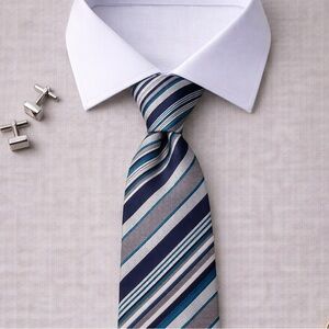 Banana Republic Silk Tie Navy Teal Silver Diagonal Stripe Classic Width Necktie